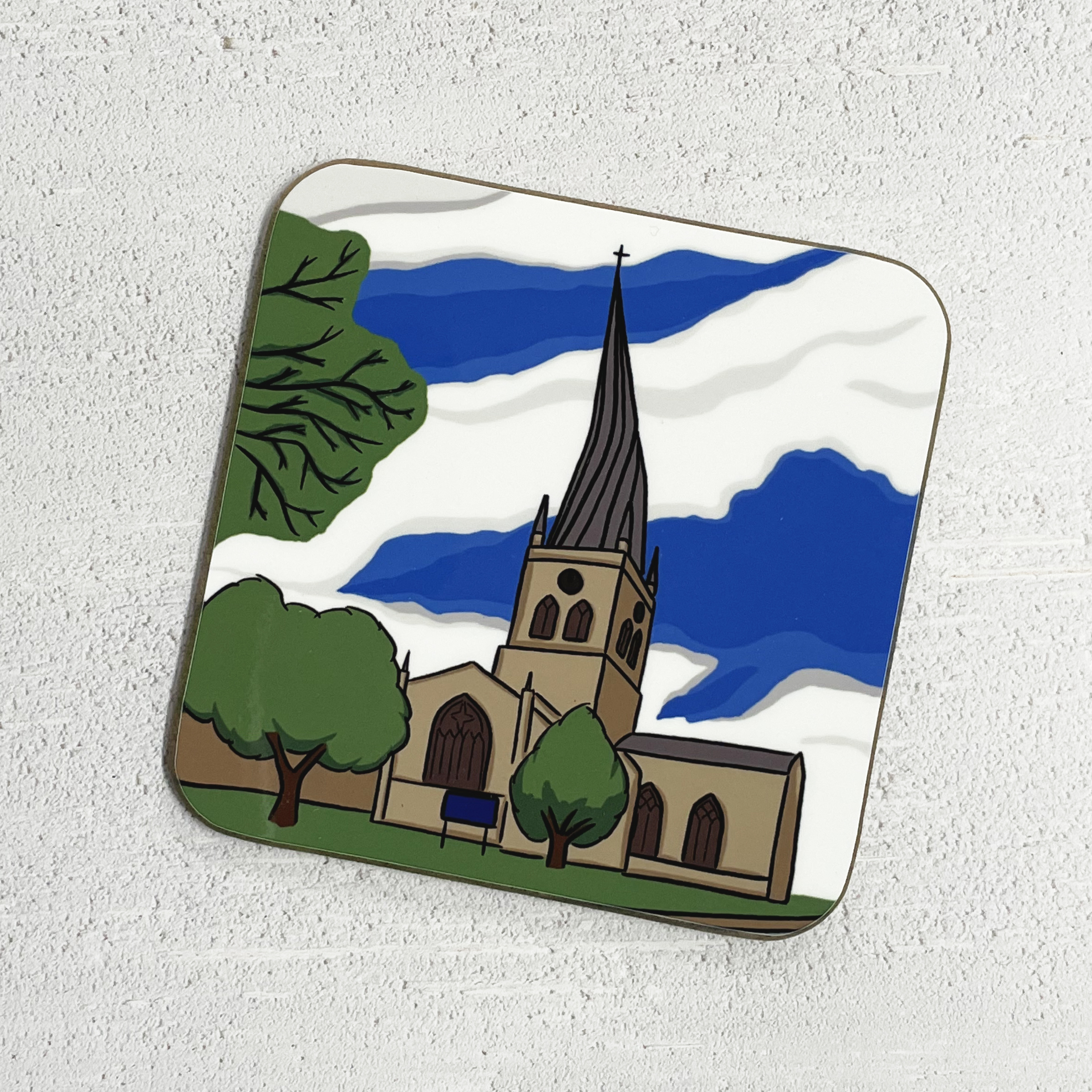 An illustration of the Crooked Spire in Chesterfield, printed onto a glossy coaster.