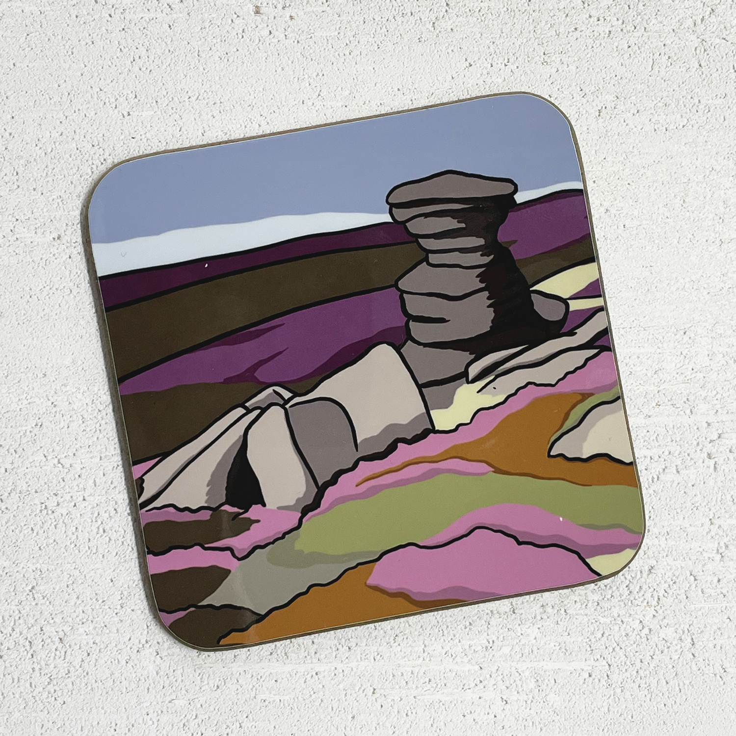 An illustration of The Salt Cellar at Derwent Edge, printed onto a square coaster