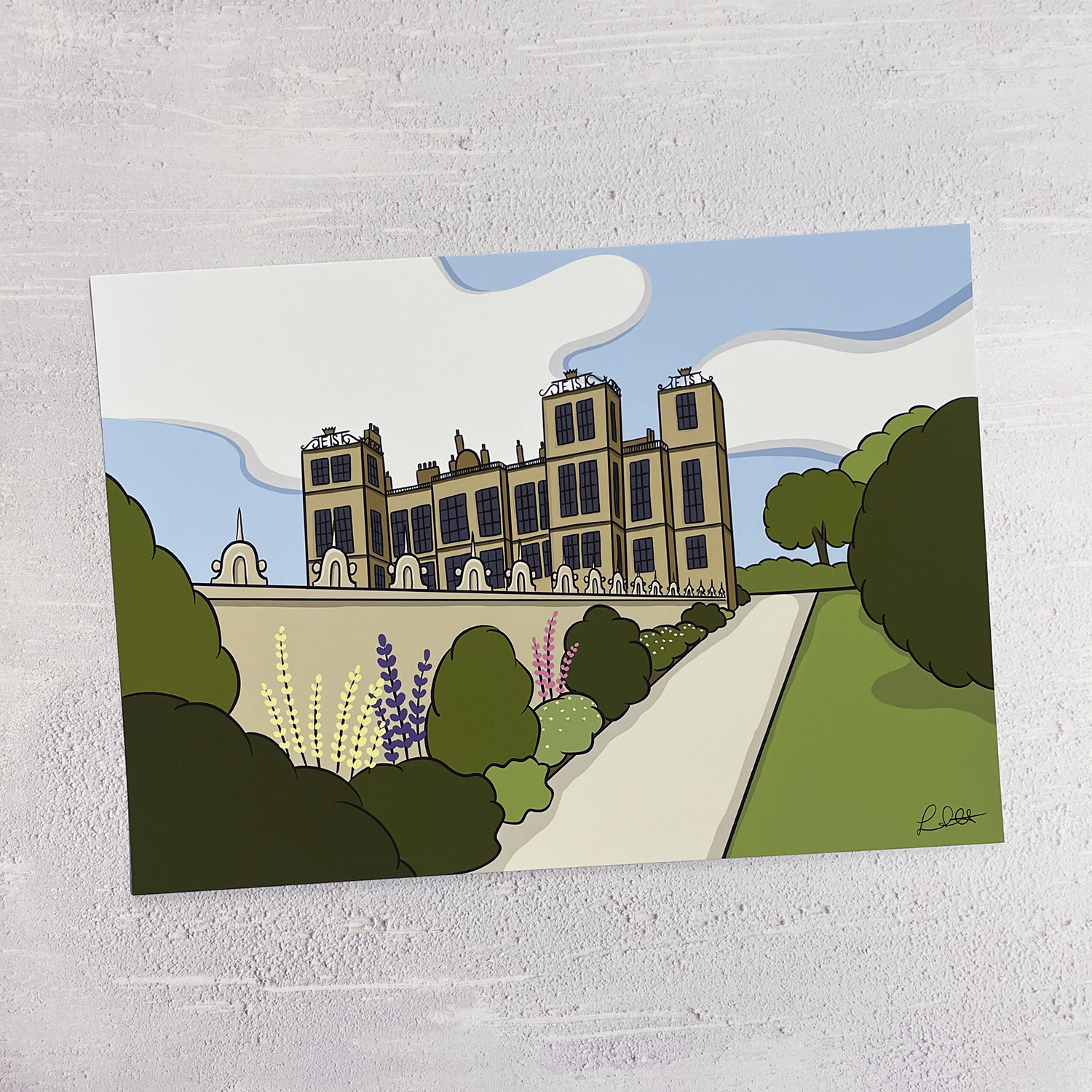 Hardwick Hall A4 print laid on a table